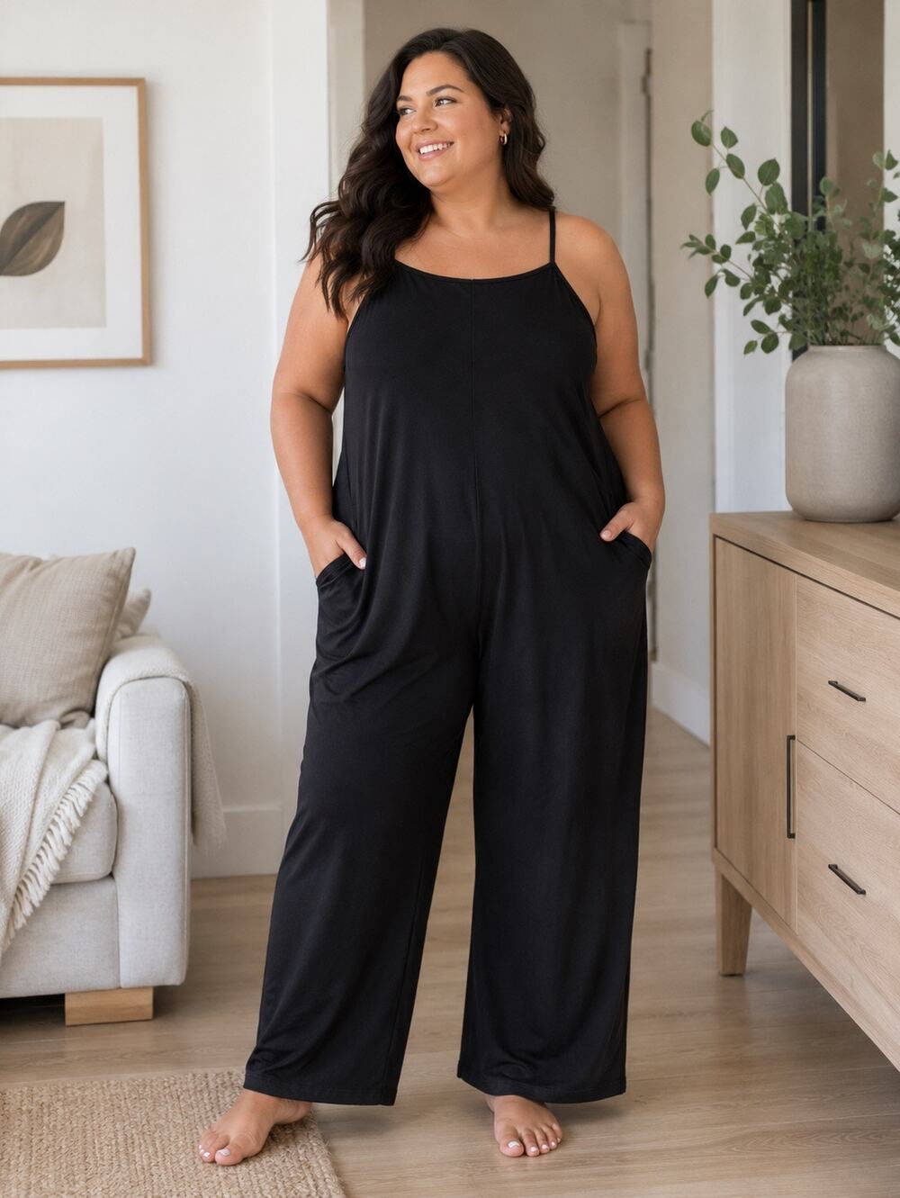 Women’s 2XL Black Wide Leg Jumpsuit Adjustable Straps Pockets Stretch Casual